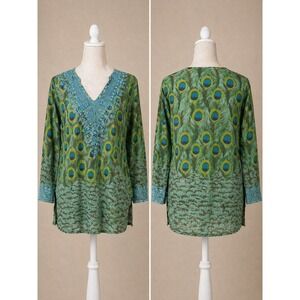 Sol Peacock Tunic Top L Embroidered Boho Cotton Resort Blouse